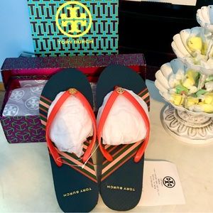 COPY - New Tory Burch Double T Signature Coral-Red Thong & Navy Stripe Flip Flo…